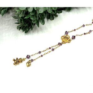 Gold 14Kt GF tone Lariat Necklace With Purple Beads and Heart Charm